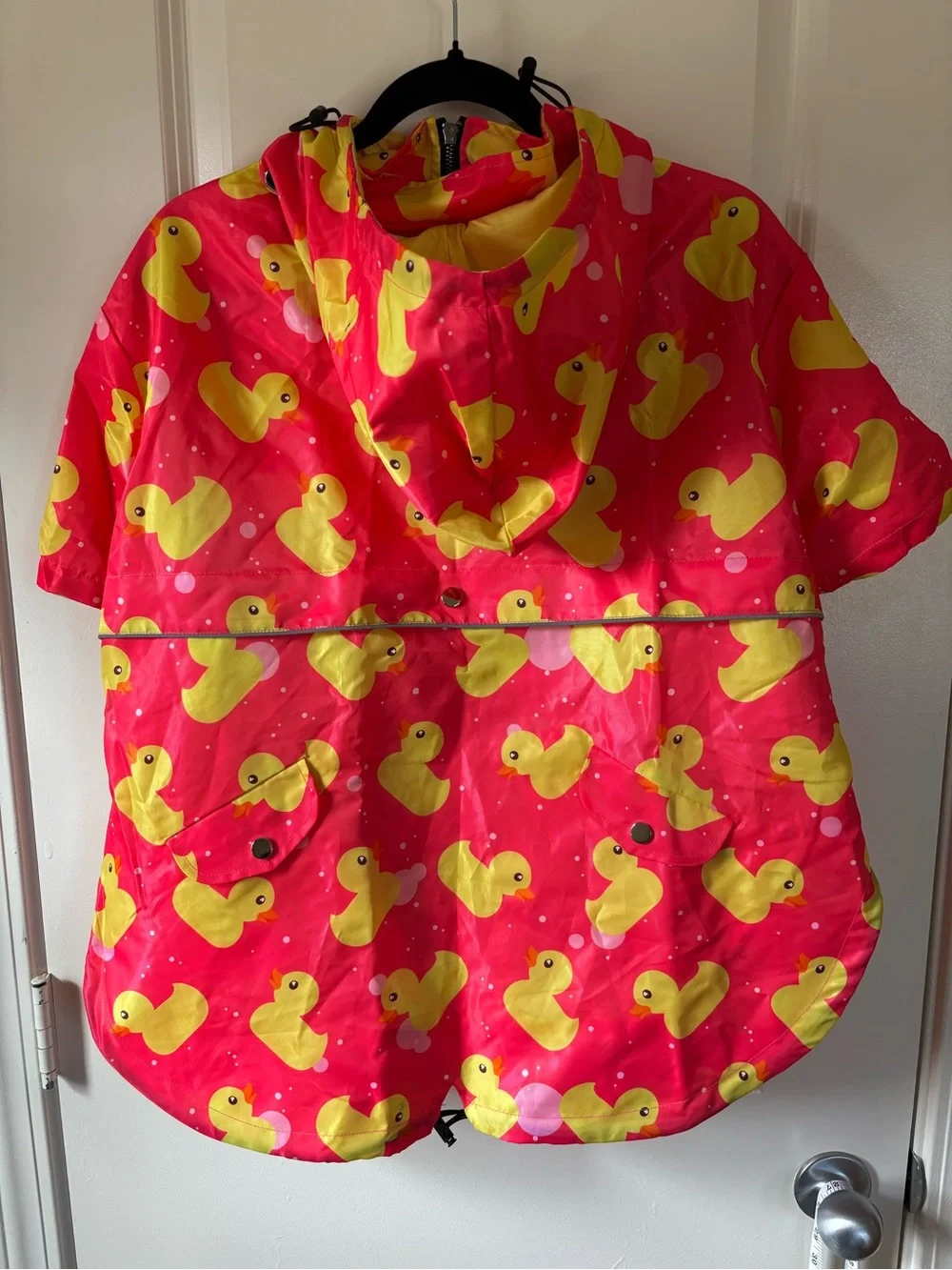 Bright Pink Rubber Duck Print Dog HDE Rain Poncho with Yellow Lining 2XL